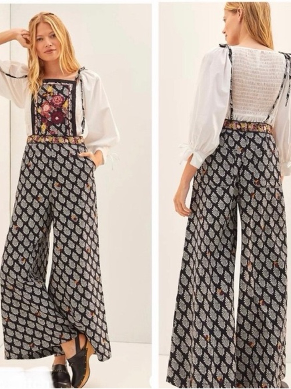 Anthropologie Embroidered Wide Leg Jumpsuit Bohemian Floral Comfortable Size 10